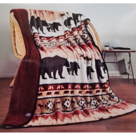 New Burgundy Red Lodge Plush Fleece Throw Gift Blanket Sherpa Bear Moose Outdoor - Picture 2 of 5